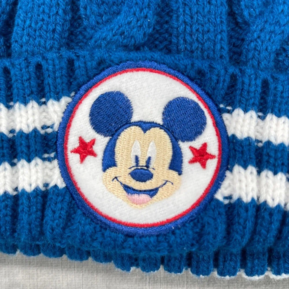 Disney Kids 2T-5T Blue Mickey Mouse Cable Knit Pom Pom Beanie Hat 322-E22-010895